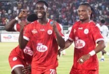 Stade Malien players celebrating Saturday's win and qualification to the quarter final stage of the competition