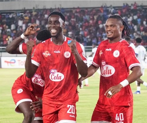 Stade Malien players celebrating Saturday's win and qualification to the quarter final stage of the competition
