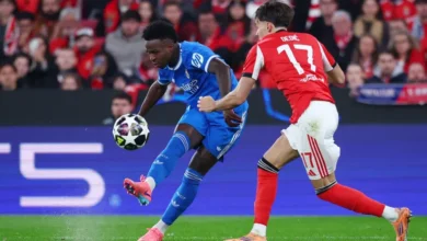 Vini Jr unleashes a pearler of a curler past Benfica’s Amar Dedic to put the visitors ahead