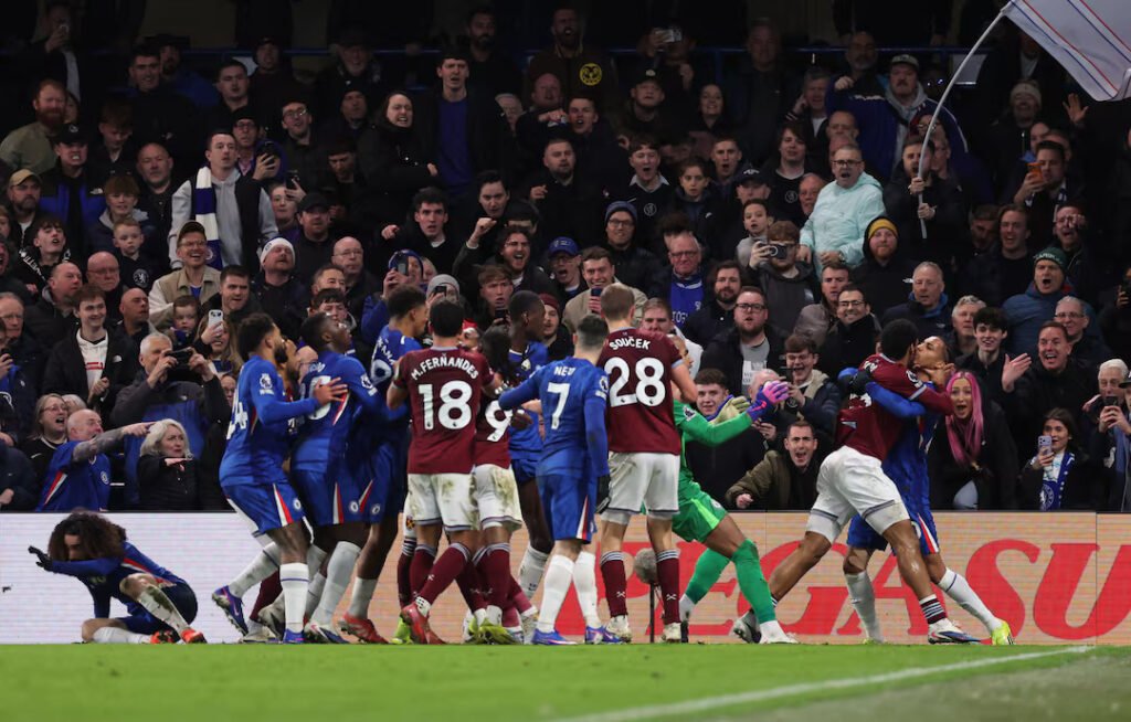West Ham United's Jean-Clair Todibo clashing with Chelsea's Joao Pedro and is later sent off