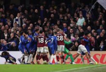 West Ham United's Jean-Clair Todibo clashing with Chelsea's Joao Pedro and is later sent off