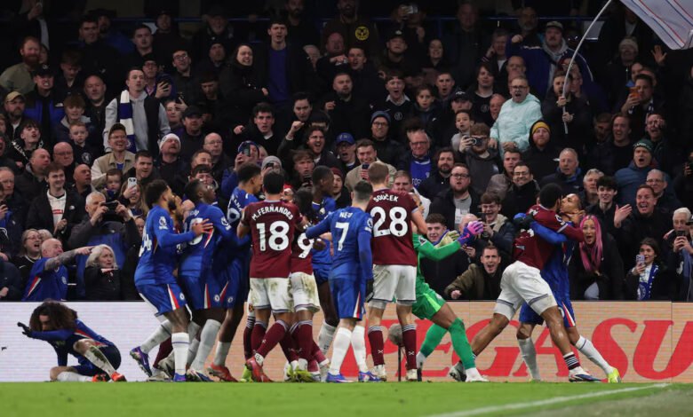 West Ham United's Jean-Clair Todibo clashing with Chelsea's Joao Pedro and is later sent off