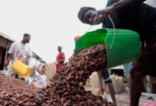 Workers pour cocoa beans as they prepare to gather unsold stocks of cocoa