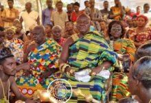 Barima Twereku Ampem lll, Paramount Chief of Ntotroso sitting in state during the launch of Festival