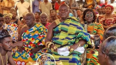 Barima Twereku Ampem lll, Paramount Chief of Ntotroso sitting in state during the launch of Festival