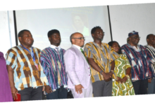 Digital age Professor Wiafe (middle) and Mr Choudhury ( 􀃀fth from left ) with other dignitaries at the programme Photo: Victor A. Buxton