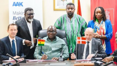 • Mr Opoku (seated middle) and Mr Skaksen (left) signing the MoU
