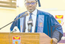 Prof. Denis Aheto, (inset) addressing the students at the matriculation ceremony