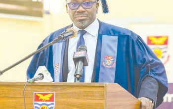 Prof. Denis Aheto, (inset) addressing the students at the matriculation ceremony