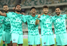 • Players of Pyramids FC celebrating a goal during their game against Rivers United