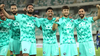 • Players of Pyramids FC celebrating a goal during their game against Rivers United