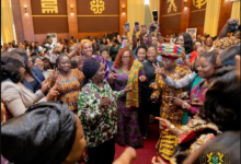 Vice President Professor Naana Jane Opoku-Agyemang (middle) dancing with some women at the forum