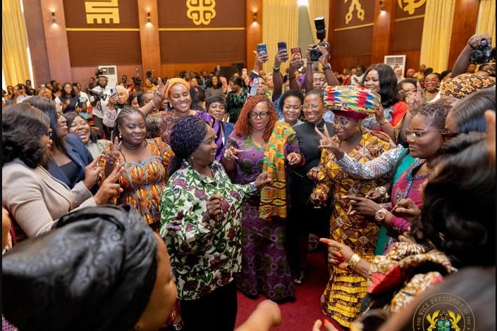 Vice President Professor Naana Jane Opoku-Agyemang (middle) dancing with some women at the forum