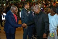 • President Mahama and his Vice, Naana Jane Opoku-Agyemang, exchanging greetings with some clergy on his arrival at the Accra International Airpor