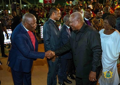 • President Mahama and his Vice, Naana Jane Opoku-Agyemang, exchanging greetings with some clergy on his arrival at the Accra International Airpor