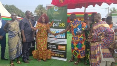 • Daasebre Kweibu Ewusi VII (third from right), Paramount Chief of Abeadze State, and Madam Naana Ackom, launching the Expo