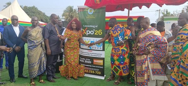 • Daasebre Kweibu Ewusi VII (third from right), Paramount Chief of Abeadze State, and Madam Naana Ackom, launching the Expo