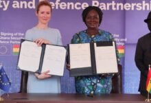 • Vice President, Prof Opoku-Agyemang (right) and Ms Kallas showing the signed documents