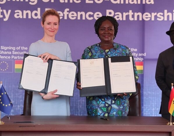 • Vice President, Prof Opoku-Agyemang (right) and Ms Kallas showing the signed documents