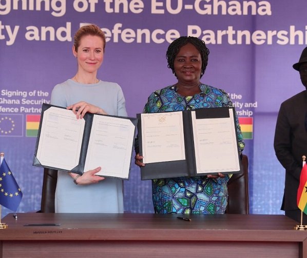 • Vice President, Prof Opoku-Agyemang (right) and Ms Kallas showing the signed documents