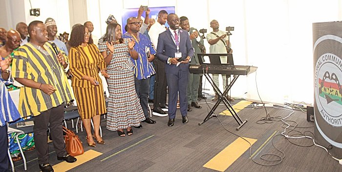 Mr Samuel Nartey George (left) launching the NCA anniversary logo. Photo. Ebo Gorman
