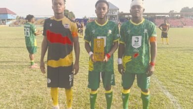 Man of the Match Amponsah (middle) Flankled to the left by the Most Promising Player Koulibaly of Liberty Youth and best defender Boakye