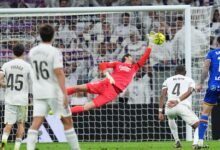 Martín Satriano (10) watch as his superb f irst-half volley zoom past Thibaut Courtois