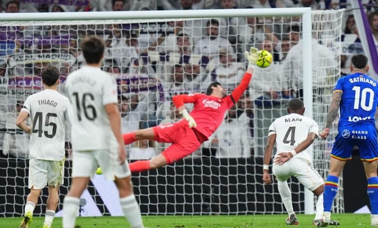 Martín Satriano (10) watch as his superb f irst-half volley zoom past Thibaut Courtois