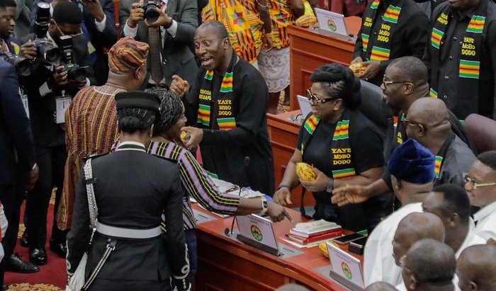 President Mahama (left) exchanging pleasantries with Mr Afenyo-Markin