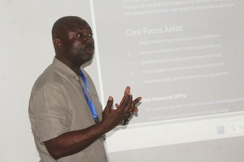 Mr Herbert Malm (inset) addressing stakeholders at the meeting. Photo. Ebo Gorman