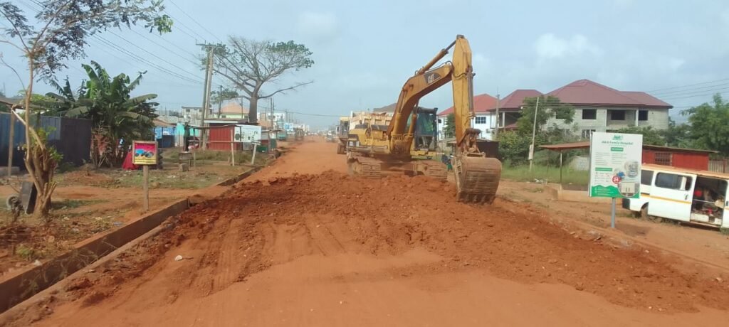 • An excavator working on the Pantang Junction-Abokobi road project