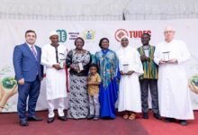 The Vice President ,Professor Opoku-Agyemang (middle) with some religious leaders at the programm