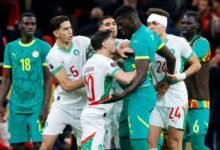 Senegal and Morocco players clash during the Africa Cup of Nations (CAN) final football match between Senegal and Morocco at the Prince Moulay Abdellah Stadium in Rabat