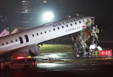 • The Air Canada Express CRJ-900 sits on the runway after colliding with a Port Authority re truck at LaGuardia Airport in New York yesterday