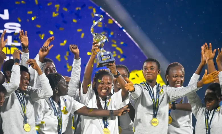 The Ghana girls team celebrating the trophy they won at the previous edition