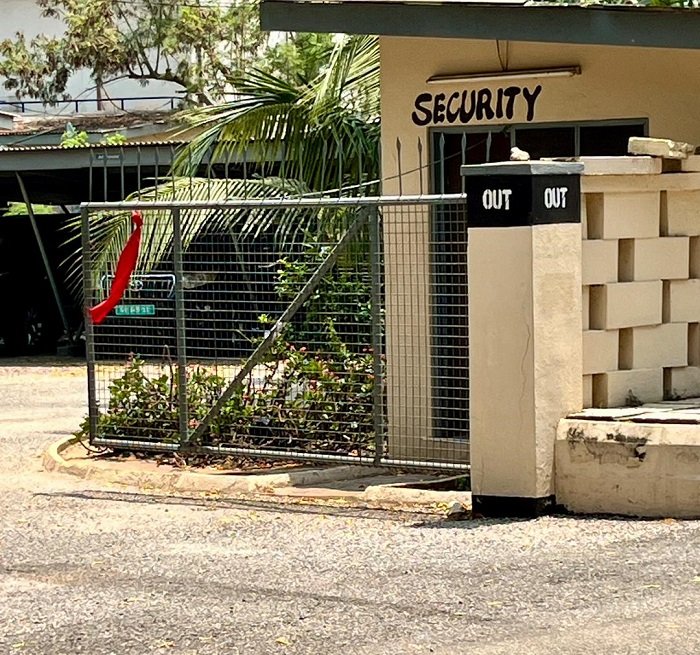The entrance of the Public Health Work Department headquarters, marked with a red band