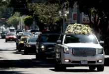 The hearse carrying the remains of Nemesio El Mencho Oseguera leaves la Paz funeral home in Guadalajara, Jalisco state