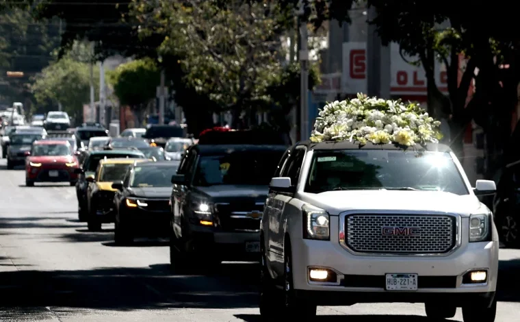 The hearse carrying the remains of Nemesio El Mencho Oseguera leaves la Paz funeral home in Guadalajara, Jalisco state