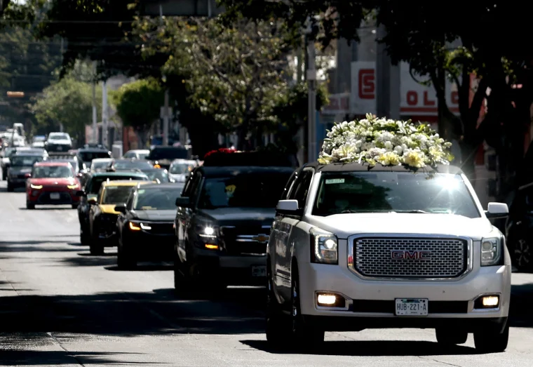 The hearse carrying the remains of Nemesio El Mencho Oseguera leaves la Paz funeral home in Guadalajara, Jalisco state