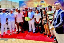 Dr Albert Tetteh Botched (third from left) with Nii Martey Dzata Obrempong I (forth from left) with some boxers and dignitaries