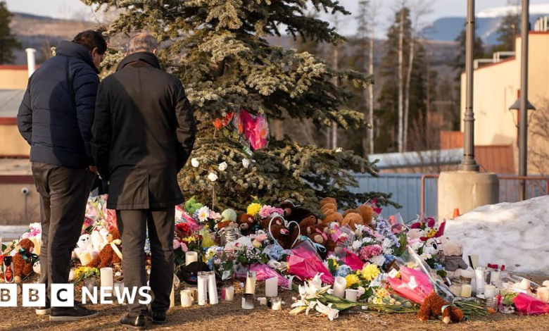 A memorial for the victims killed in the mass shooting in Tumbler Ridge, British Columbia, Canada