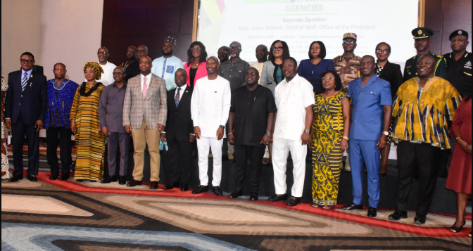 President Mahama (midle), Mr Ablakwa (third from right) and Korean officials cutting the tape for the opening of Sahara LPG Vessel, MT Asharami Ghana.jpg