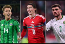 Northern Ireland's Isaac Price (left) with Harry Wilson (center) of Wales, Troy Parrott of the Republic of Ireland