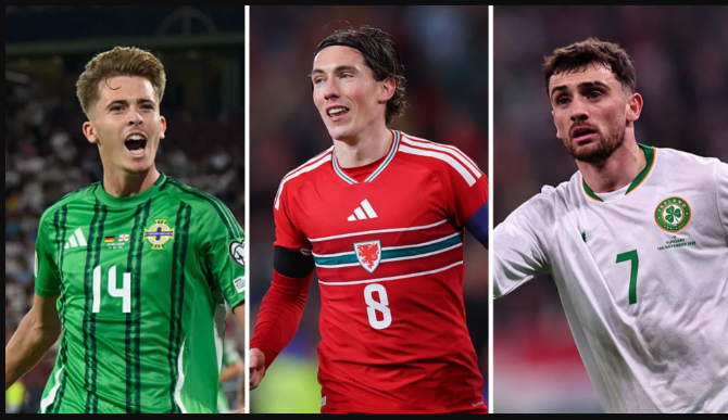 Northern Ireland's Isaac Price (left) with Harry Wilson (center) of Wales, Troy Parrott of the Republic of Ireland