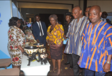 Vice President, Prof Opoku-Agyemang (middle) inspecting some exhibits on display. With her is Mr Mensah (second from right) and other dignitaries Photo: Victor A. Buxton