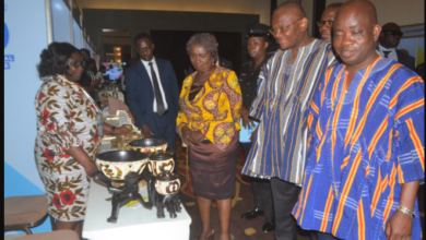 Vice President, Prof Opoku-Agyemang (middle) inspecting some exhibits on display. With her is Mr Mensah (second from right) and other dignitaries Photo: Victor A. Buxton