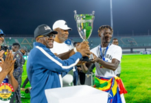 Flashback Mr Alban Bagbin presents the trophy to a Hearts of Oak's skipper Kelvin Osei Asibey during the last edition