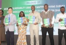 3m Ghanaians vulnerable ------Dr Philomena Nyarko (third from left), Dr Alhassan Iddrisu (third from right) and other invited guests launching the report. Photo. Ebo Gorman