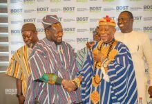 Mr Awoonor (left) exchanging pleasantaries with Buipewura Jinapor II during the visit