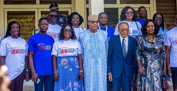 Dr Ibn Chambas (middle) with officials of the UEW after the lecture